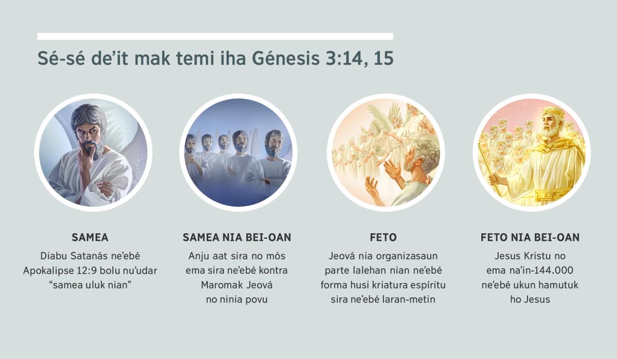 Dezeñu sira: “Sé-sé deʼit mak temi iha Génesis 3:14, 15?” 1. Samea: Satanás nuʼudar kriatura espíritu. 2. Samea nia bei-oan: anju aat sira. 3. Feto: anju sira neʼebé laran-metin. 4. Feto nia bei-oan: Jesus Kristu no sira neʼebé ukun hamutuk ho nia iha lalehan. Parágrafu 4, 5, 7, no 8 temi kona-ba ida-neʼe.