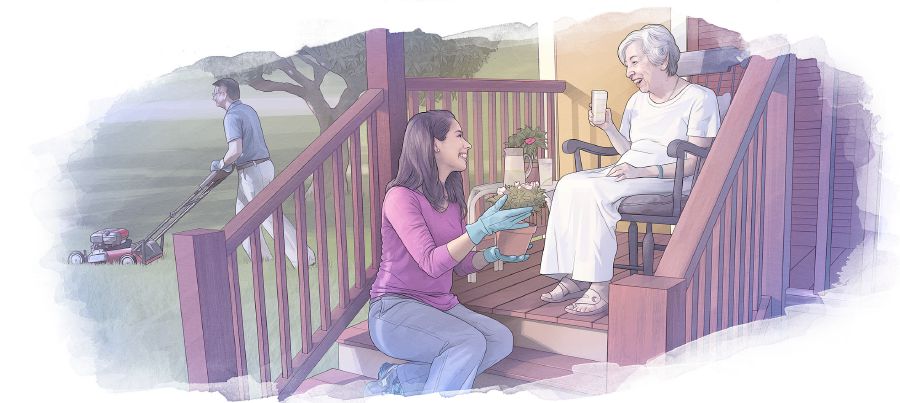 ఒక పెద్దావిడ ఇంటి బయట కూర్చున్నప్పుడు కొంతమంది ఆమె తోటను శుభ్రం చేస్తున్నారు