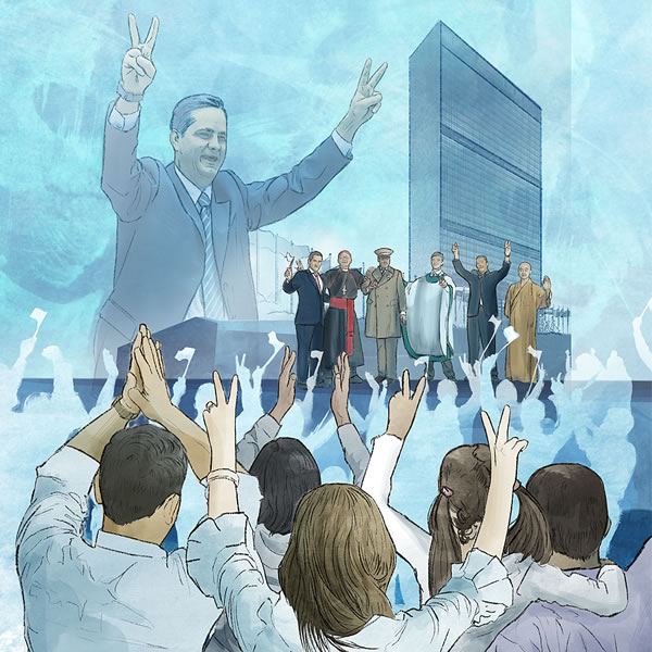 Leaders announcing peace to crowds of people