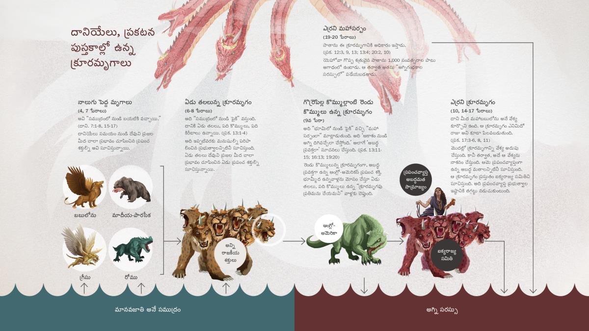 దానియేలు, ప్రకటన పుస్తకాల్లో వర్ణించబడిన క్రూరమృగాలకు ఒక మహాసర్పం అధికారం ఇస్తున్నట్లు చూపించే చార్ట్‌. దానియేలు 7వ అధ్యాయంలో చెప్పబడిన నాలుగు పెద్ద క్రూరమృగాలు మానవజాతి అనే సముద్రం నుండి బయటికి వస్తాయి. ఆ తర్వాత అదే సముద్రంలో నుండి ఏడు తలల క్రూరమృగం బయటికి వస్తుంది. ఏడు తలల క్రూరమృగానికి ఉన్న ఏడో తల, రెండు కొమ్ములున్న క్రూరమృగానికి నడిపిస్తుంది. ఆ తర్వాత రెండు కొమ్ములున్న క్రూరమృగం, వేశ్య కూర్చుని ఉన్న ఎర్రని క్రూరమృగానికి నడిపిస్తుంది. మహాసర్పం, రెండు కొమ్ములున్న క్రూరమృగం, ఎర్రని క్రూరమృగం అన్నీ అగ్ని సరస్సులో చివరికి పడేయబడతాయి. ఈ ఆర్టికల్‌లో ఉన్న 4, 6, 9, 10, 19 పేరాల్లో కూడా ఈ సమాచారాన్ని చూస్తాం.