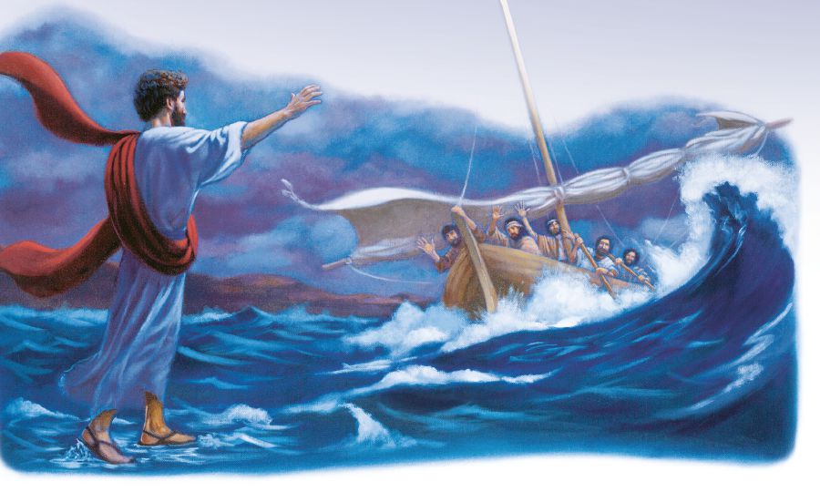 የሱስ ናብቶም ኣብ ጃልባ ዘለዉ ደቀ መዝሙርቱ ኣብ ማእከል ባሕሪ ብእግሩ ይኸይድ