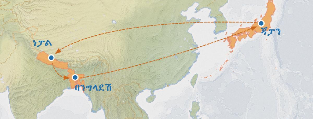 ካብ ጃፓን ናብ ነፓልን ናብ ባንግላደሽን ምስ ተጓዕዙ፡ ተመሊሶም ናብ ጃፓን ከም እተጓዕዙ ዜርኢ ካርታ