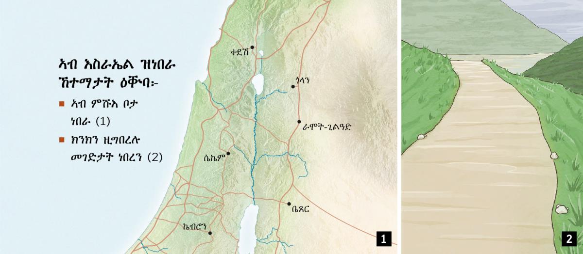 ካርታ እተን ኣብ እስራኤል ዝነበራ ሽዱሽተ ኸተማታት ዕቝባ ኸምኡ እውን ክንክን ዚግበረሉ መገዲ