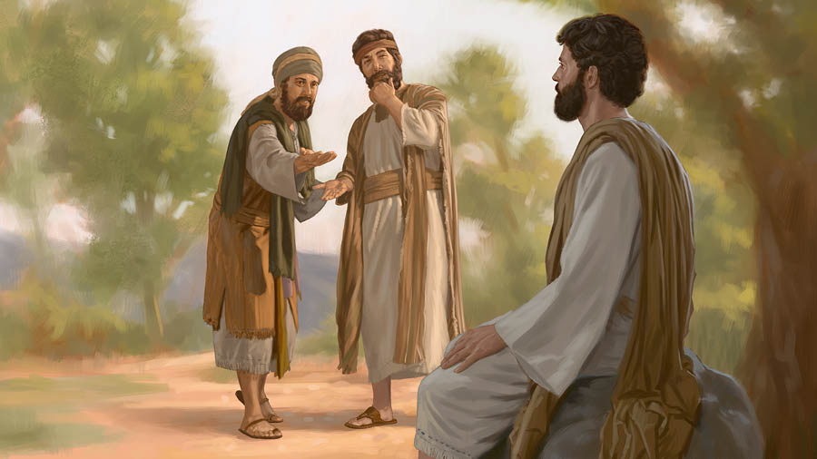 ፊልጶስ ንናትናኤል፡ ምስቲ ኣብ ጥቓኦም ኮፍ ኢሉ ዚርአ የሱስ ኪራኸብ የተባብዖ።