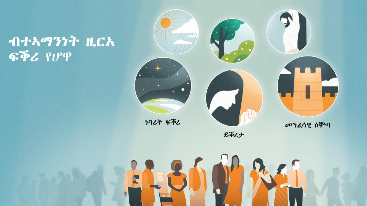 ኣብ መንጎ ብዘለዉ ደቂ ሰብ፡ ኣገልገልቲ የሆዋ ጐሊሖም ይርኣዩ። ስእልታት፦ መግለጺ እቲ ብተኣማንነት ዚርአ ፍቕሪ የሆዋ። 1. በቲ ንምድሪ ዝኸበባ ኸዋኽብቲ ዝመልኦ ሰማያት ኣቢላ እተገልጸት ነባሪት ፍቕሪ። 2. ብእትጽሊ ሓብቲ ኣቢሉ እተገልጸ ይቕረታ። 3. ብእተዓርደት ከተማ ኣቢሉ እተገልጸ መንፈሳዊ ዕቝባ። ኣብ ድሕረ ባይታ፡ መግለጺ ፍቕሪ የሆዋ ንዅሉ ሰብ ኣሎ። 4. ጸሓይን ዝናምን። 5. ዕምባባታትን ኣትክልትን ኣእዋምን። 6. እቲ በጃ።