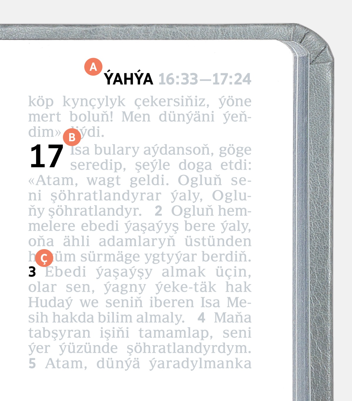 A, B we Ç harplar Mukaddes Kitabyň adyny, babyny we aýadyny görkezýär.