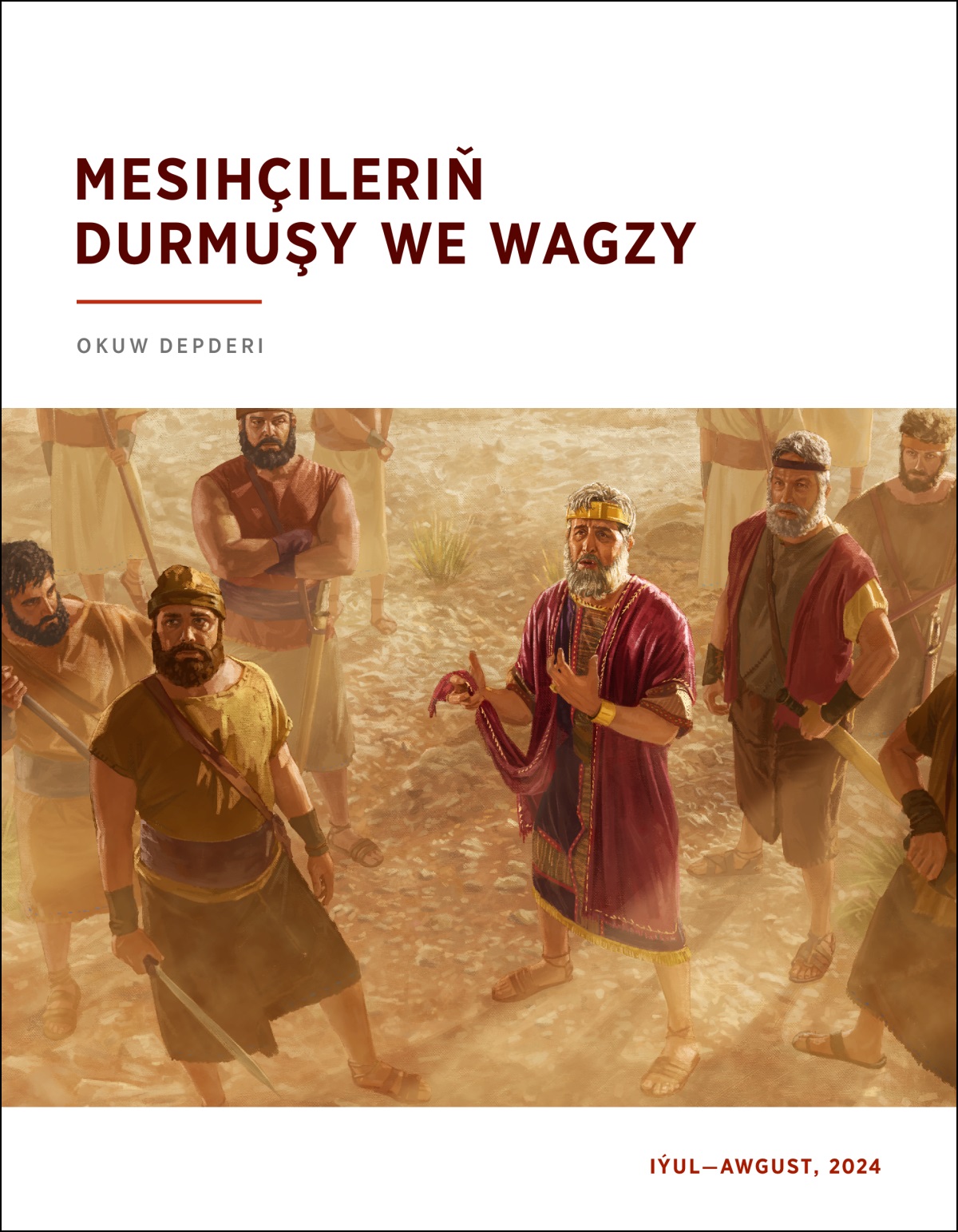 Şawul patyşa kesilen donunyň eteginden tutup, gepleşip dur; ýanynda bolsa esgerleri bar.