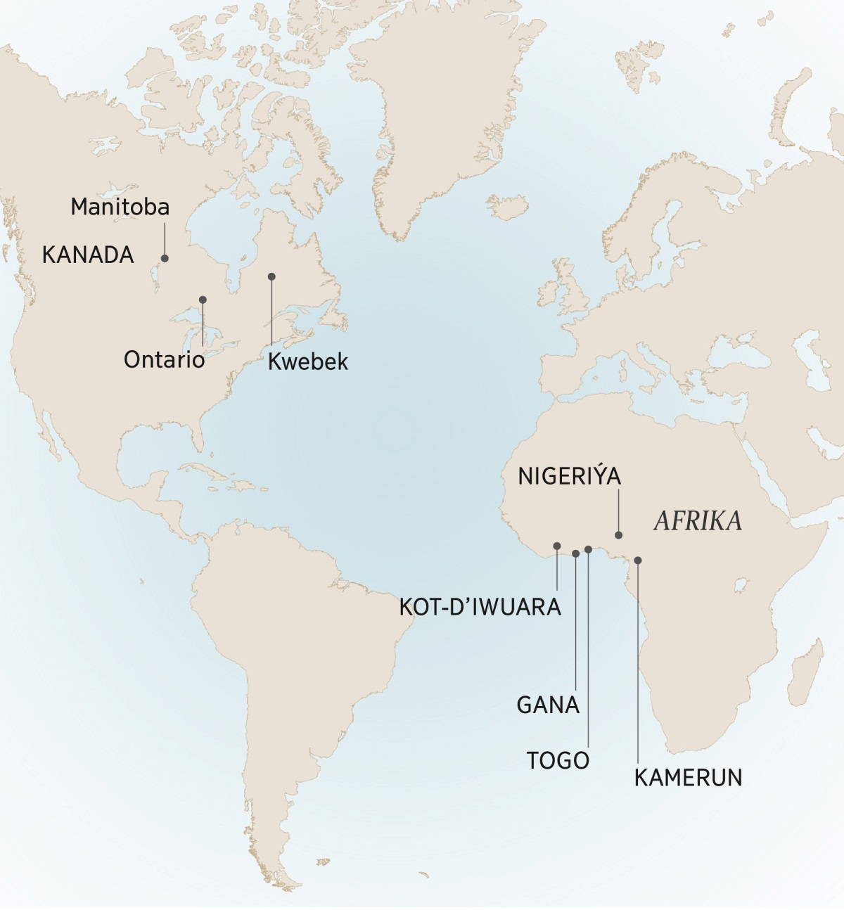 Kartada Andreniň ýaşan we wagyz eden ýerleri görkezilen: Manitoba, Ontario, Kwebek, Kanada; Kamerun, Kot-d’Iwuara, Gana, Nigeriýa, Togo, Afrika.