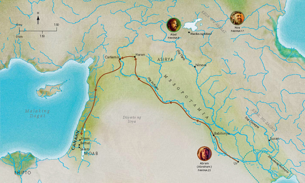 Mapa ng mga lupain sa Bibliya may kaugnayan sa buhay ng tapat na sina Abel, Noe, Abram (Abraham)