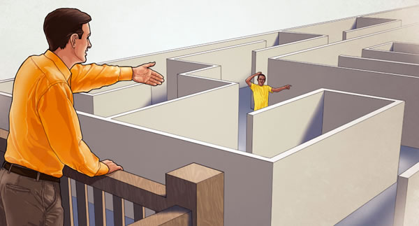 Isang lalaking tumutulong sa tin-edyer na makalabas sa maze