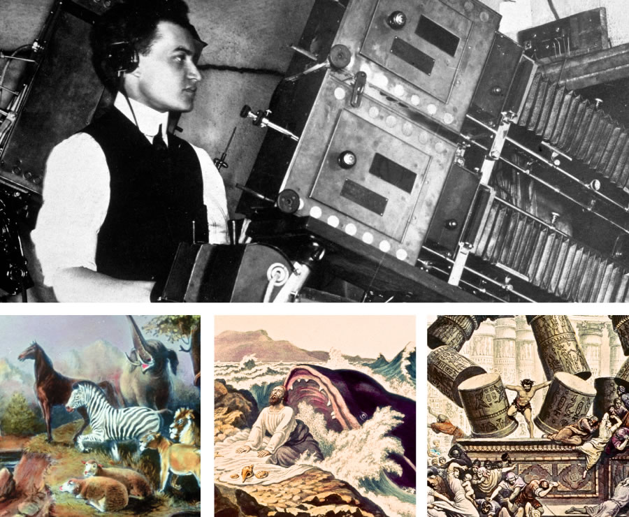 1. Operator ng isang “Photo-Drama” projection booth; 2. Tatlong may-kulay na glass slide na ginamit sa “Photo-Drama”