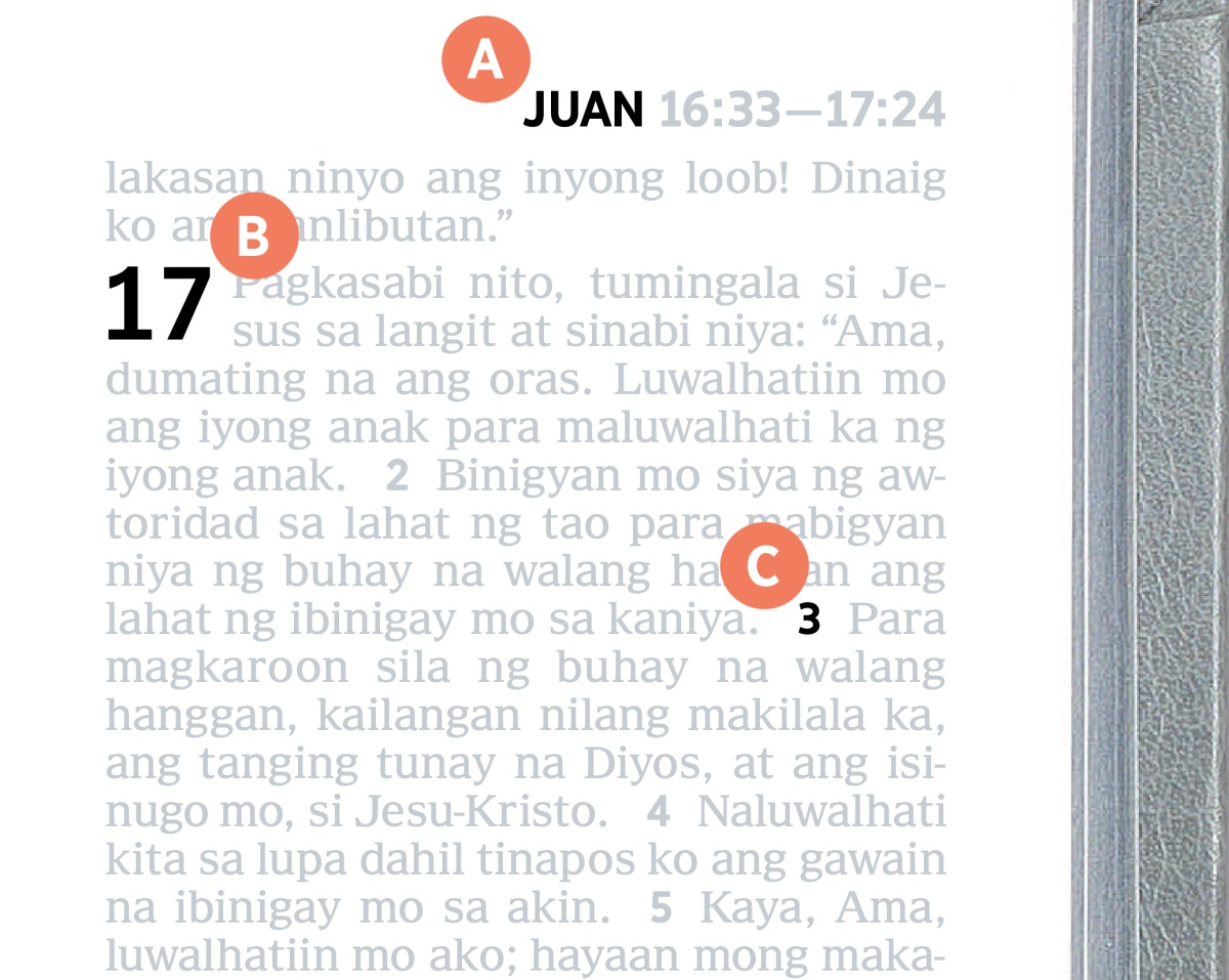 Markang A, B, at C na makikita sa isang pahina ng Bibliya.