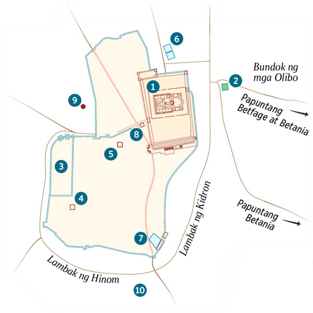 Mapa ng Jerusalem at ng palibot nito. Nakalista ang mga tiyak na lugar at di-tiyak na lugar. 1. Templo. 2. Hardin ng Getsemani. 3. Palasyo ng gobernador. 4. Bahay ni Caifas. 5. Palasyong ginamit ni Herodes Antipas. 6. Paliguan ng Betzata. 7. Imbakan ng Tubig ng Siloam. 8. Bulwagan ng Sanedrin. 9. Golgota. 10. Akeldama.