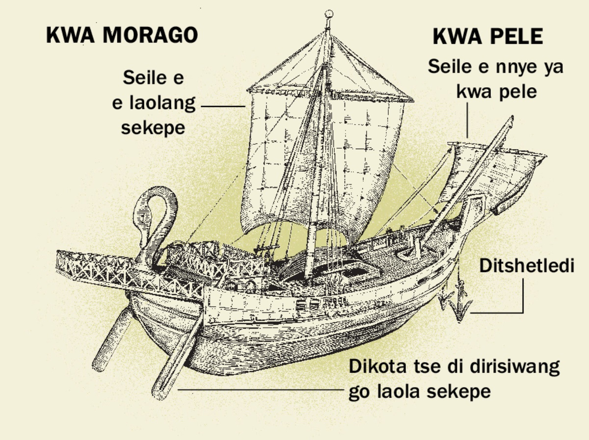Sekepe sa bogologolo le dikarolo tsa sone tse nnê go simolola kwa morago go ya kwa pele. 1. Dikota tse di dirisiwang go laola sekepe. 2. Seile e e laolang sekepe. 3. Ditshetledi. 4. Seile e nnye ya kwa pele.