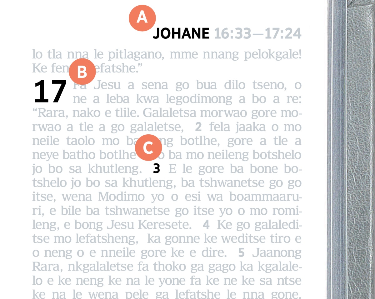 Matshwao a a bontshang A, B le C mo tsebeng ya Baebele.