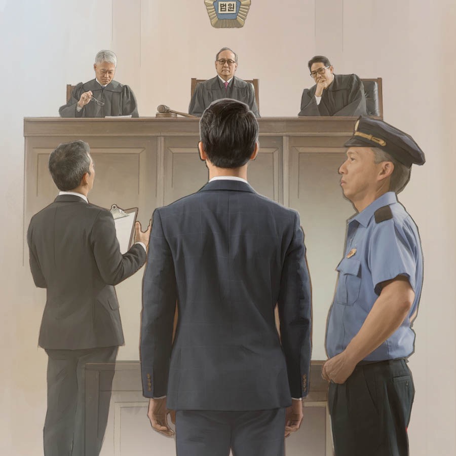 A brother taking a stand for his faith before court officials.