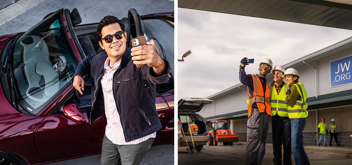 Ditshwantsho: 1. John o itsaya senepe a le gaufi le koloi ya gagwe. 2. Tom o tsaya senepe a na le ditsala tsa gagwe ba thusa go tlhabolola Holo ya Dikopano.