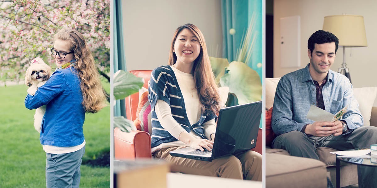 Mosetsana a tshwere ntšanyana, mosadi a tshwere khomputara, monna a tshwere karata e a e diretsweng ke mosadi wa gagwe