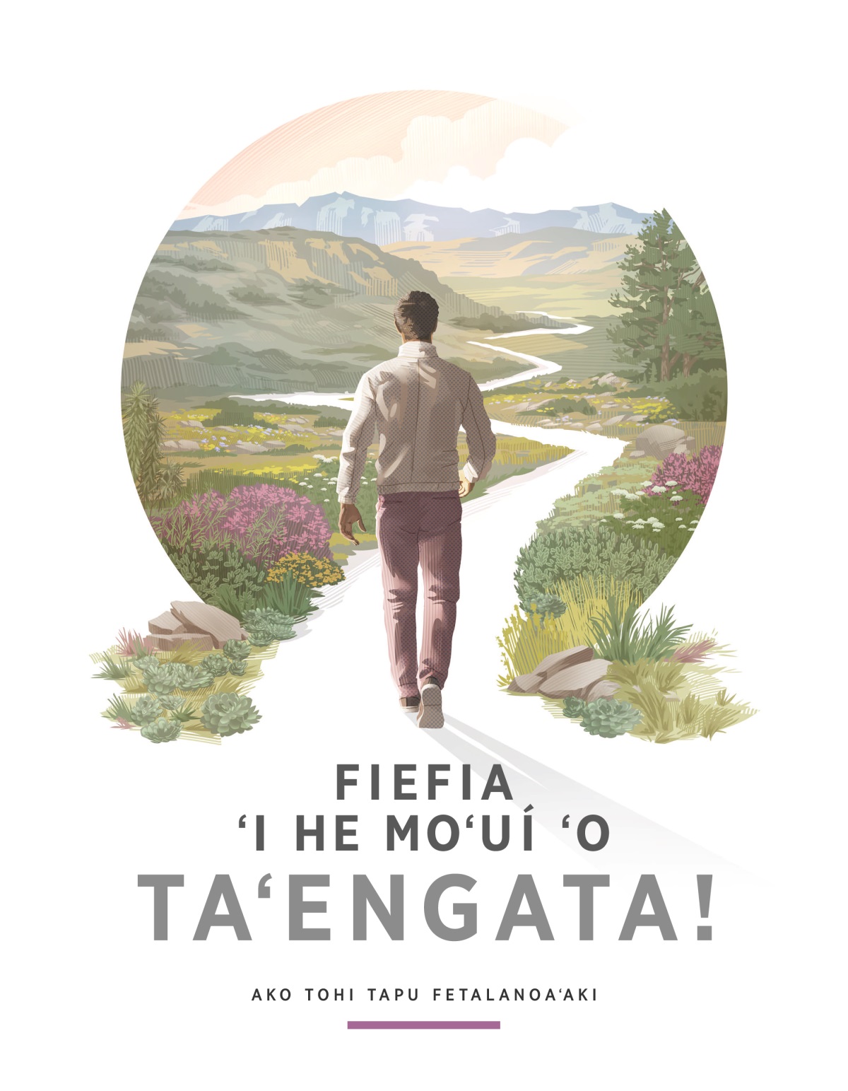 Fiefia ʻi he Moʻuí ʻo Taʻengata!​—Ako Tohi Tapu Fetalanoaʻaki. Ko ha tangata ʻokú ne kamata luelue atu ʻi ha hala pikopiko ʻoku ʻi he tafaʻakí ʻa e ʻuluʻakau fakaʻofoʻofa, ngaahi tafunga mo e ngaahi moʻunga.