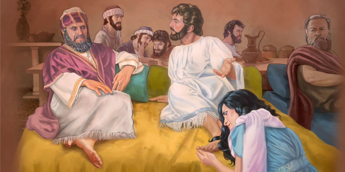 Yesu waja pa thebulu ndi alendu anyaki ndipu munthukazi wagwada kumaphazi ngaki