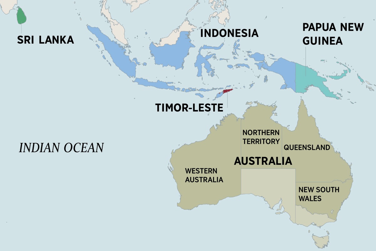 Mapu yo yilongo charu cha Australia kweniso vyaru vinyaki vakufupi nge Sri Lanka, Indonesia, Papua New Guinea ndi Timor-Leste. Pamapu ya charu cha Australia pawoneka vigaŵa nge Northern Territory, Western Australia, Queensland ndi New South Wales.