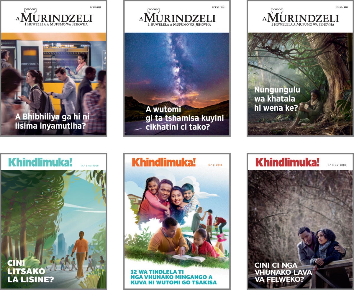 Dzifoto: Kapa nya ‘Mukhedziseyi’ ni ‘Khendzugani!’ nya 2018. 1. ‘A Bhibhiliya ga hi ni lisima inyamutlha?’ 2. ‘A wutomi gi ta tshamisa kuyini cikhatini ci tako?’ 3. ‘Nungungulu wa khatala hi wena ke?’ 4. ‘Cini litsako la lisine?.’ 5. ‘12 Wa tindlela ti nga vhunako mingango a kuva ni wutomi go tsakisa.’ 6. ‘Cini ci nga vhunako lava va felweko?.’