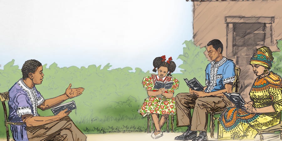 A family reads the Bible together
