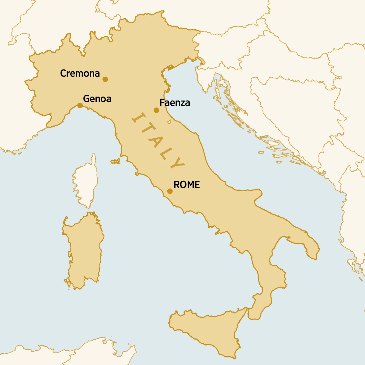 Maapu ya Italy, itondezya masena aambidwe mucibalo. 1. Cremona. 2. Genoa. 3. Faenza. 4. Rome.