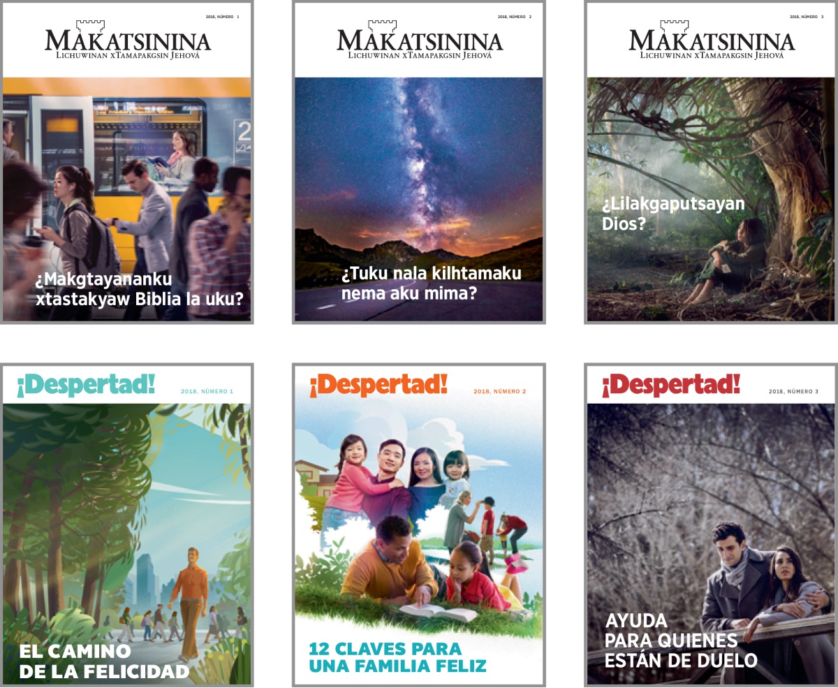 Makgapitsi dibujos nema masiya xmakni revistas Makatsinina chu ¡Despertad! kata 2018: 1. ¿Makgtayananku xtastakyaw Biblia la uku? 2. ¿Tuku nala kilhtamaku nema aku mima? 3. ¿Lilakgaputsayan Dios? 4. El camino de la felicidad. 5. 12 claves para una familia feliz. 6. Ayuda para quienes están de duelo.