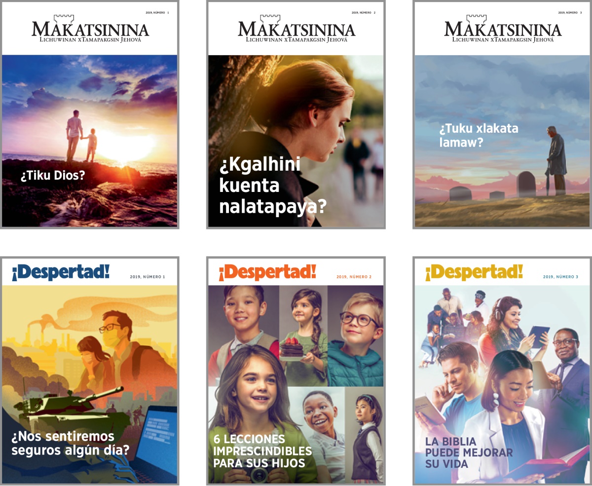 Makgapitsi dibujos nema masiya xmakni revistas Makatsinina chu ¡Despertad! kata 2019: 1. ¿Tiku Dios? 2. ¿Kgalhini kuenta nalatapaya? 3. ¿Tuku xlakata lamaw? 4. ¿Nos sentiremos seguros algún día? 5. 6 lecciones imprescindibles para sus hijos. 6. La Biblia puede mejorar su vida.