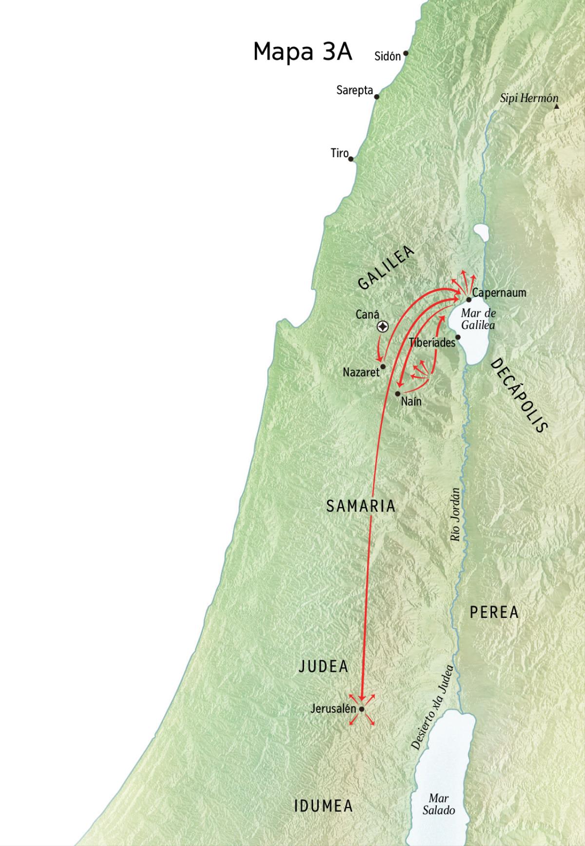 Mapa akxni Jesús tsuku lichuwinan Dios kʼGalilea, Capernaum, Caná
