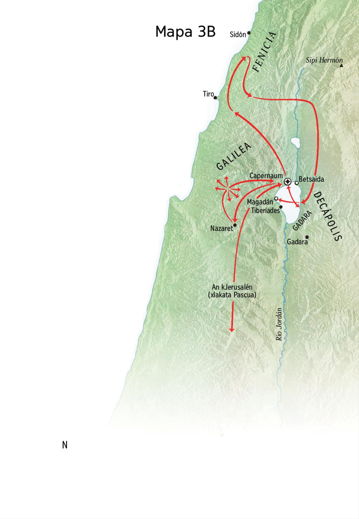 Mapa nema lichuwinan niku Jesús lichuwina Dios kʼGalilea, Fenicia chu Decápolis