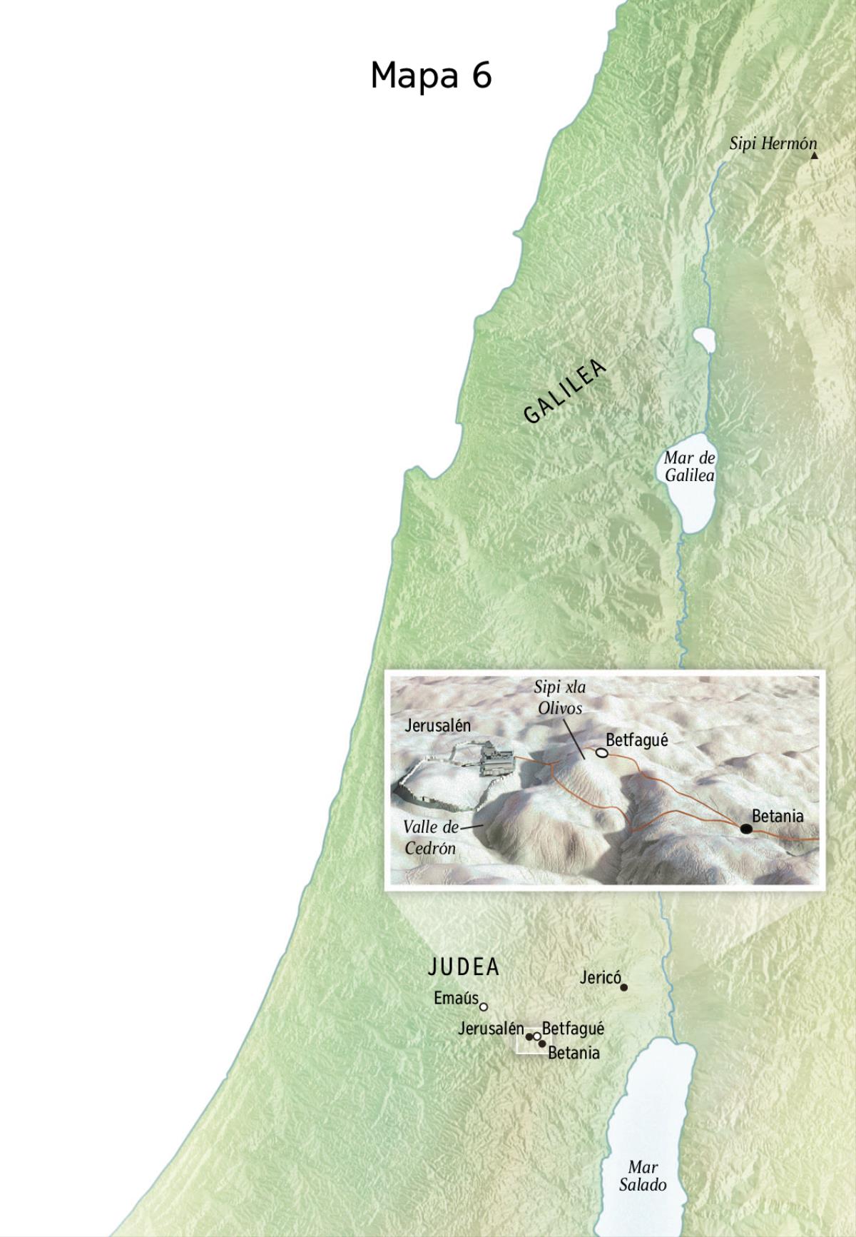 Mapa nema lichuwinan niku Jesús xaʼawatiya lichuwina Dios Jerusalén, Betania, Betfagué, chu Sipi xla Olivos