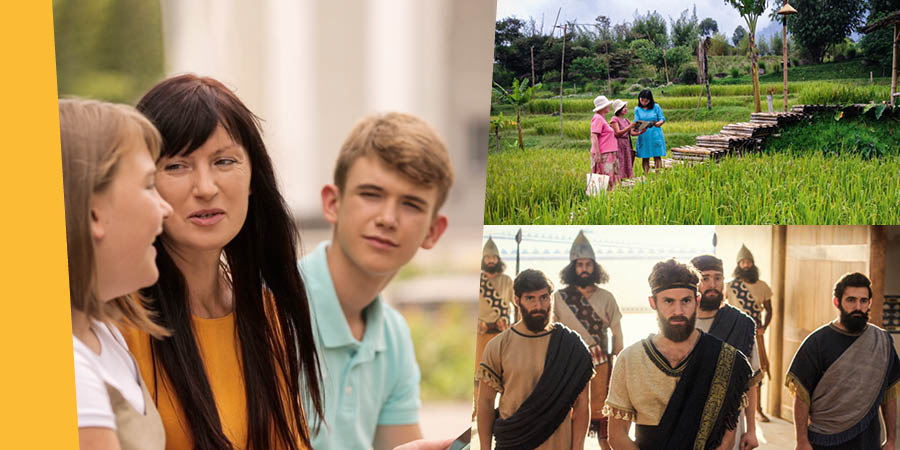 Ol piksa: 1. Wanpela sista i toktok wantaim pikinini man na pikinini meri bilong em. 2. Tupela sista i autim tok long wanpela ples ausait long taun long Esia. 3. Daniel na 3-pela pren Hibru bilong em i sanap long ai bilong king bilong Babilon.