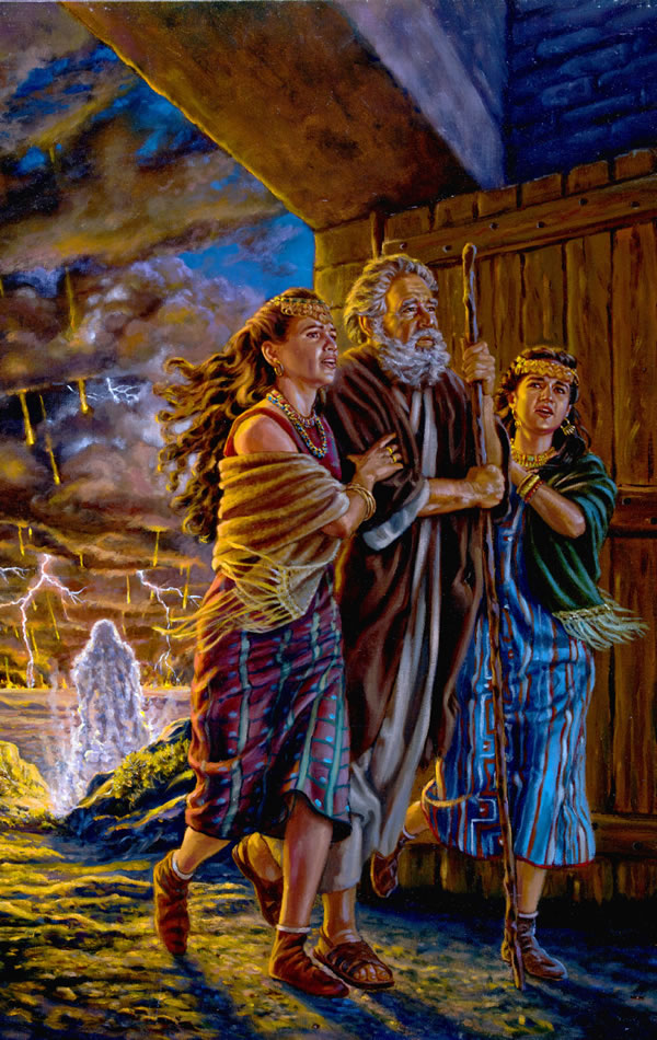 Lot na tupela pikinini meri bilong em i kamap gut long taun Soar na salfa na paia i kam daun olsem ren long Sodom na Gomora. Long baksait, meri bilong Lot i tanim i kamap pos sol.