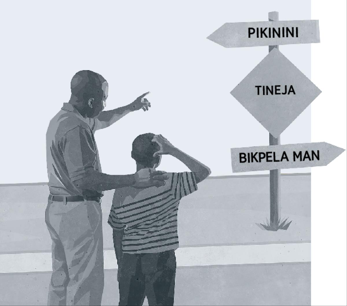 Papa na pikinini i lukim sainbot i soim olsem pikinini i kamap tineja na bihain em i kamap man i bikpela pinis