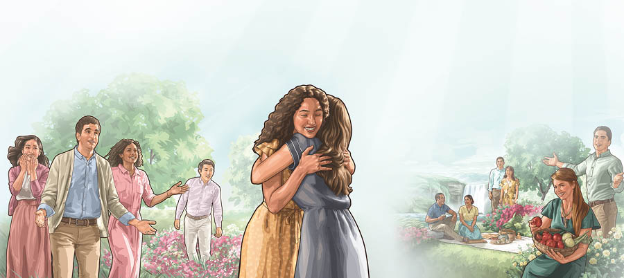 Ol piksa: Ol manmeri i amamas long ol blesing ol i kisim long Paradais. 1. Wanpela sista i holimpasim wanpela meri i kirap bek. 2. Ol i amamas long ol i gat planti kaikai, graun i stap klin, na ol i stap bel isi.