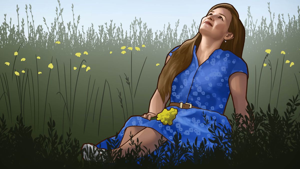 Piksa ol kisim long vidio “Dispela Graun i No Inap Givim Yu Samting Em i No Gat.” Sista Gainanshina i sindaun ausait long gras na lukluk i go antap long skai.