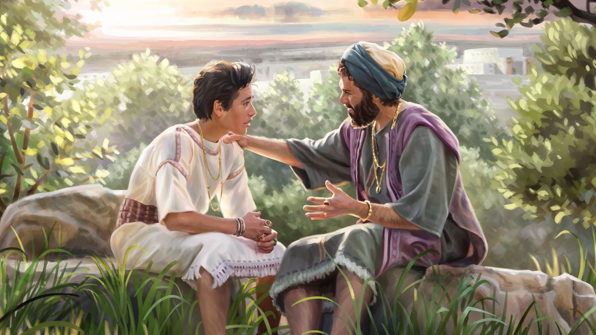 King Solomon i sindaun ausait long haus wantaim pikinini man bilong em na givim edvais long em.