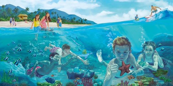 People enjoying the seashore on a paradise earth and children swimming