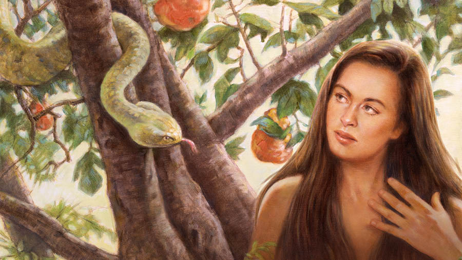 Devil i yusim wanpela snek long diwai long toktok long Iv, na Iv i putim yau i stap.