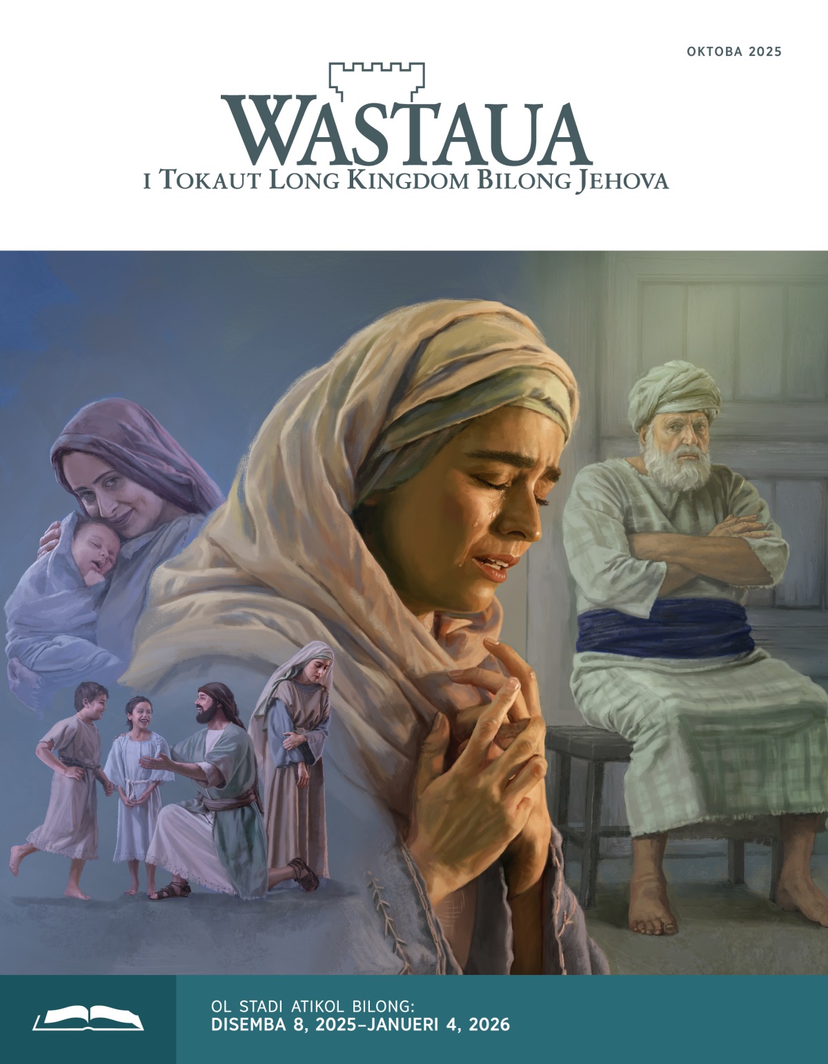 Ol piksa: 1. Hana i bel hevi tru na em i tanim na lukluk i go long narapela sait taim Elkana i pilai wantaim tupela pikinini bilong em. 2. Penina i smail taim em i holim nupela bebi bilong em. 3. Hana i krai taim em i beten strong long Jehova. 4. Hetpris Eli i sindaun i stap na em i foldim tupela han bilong em na lukluk strong long Hana.