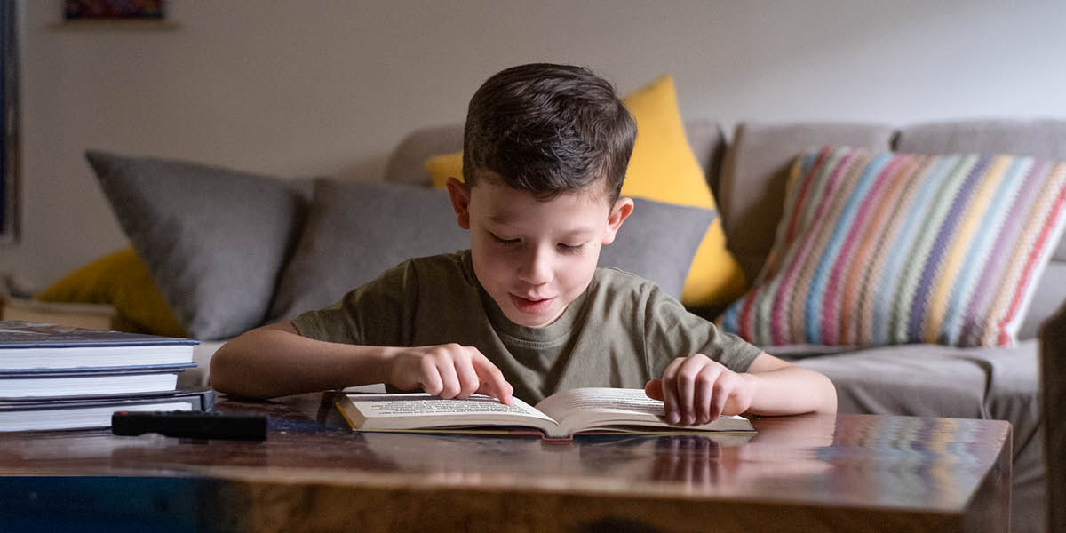 Kitap okuyan bir erkek çocuk. Yakınında bir TV kumandası ve başka kitaplar var.