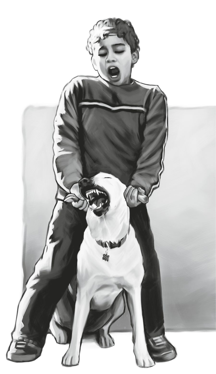 Bir çocuk bir köpeğin kulaklarını tutuyor ve köpek sinirleniyor