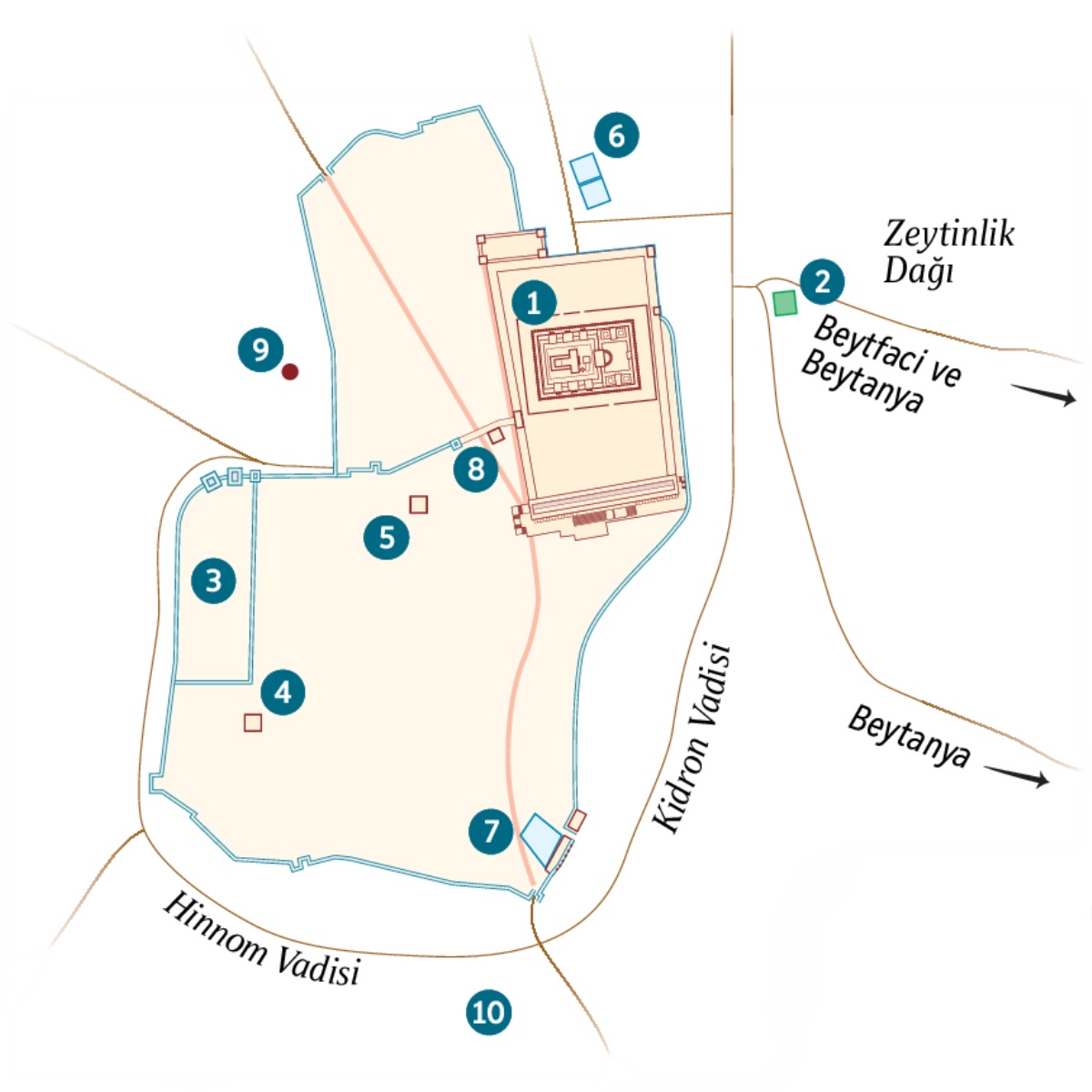 Yeruşalim ve çevresinin haritası. Bilinen ve tahmini konumların listesi. 1. Mabet. 2. Getsemani bahçesi. 3. Vali konağı. 4. Kayafa’nın evi. 5. Herodes Antipas’ın sarayı. 6. Beytzata Havuzu. 7.  Siloam Havuzu. 8. Sanhedrin Salonu. 9. Golgota. 10. Akeldama.