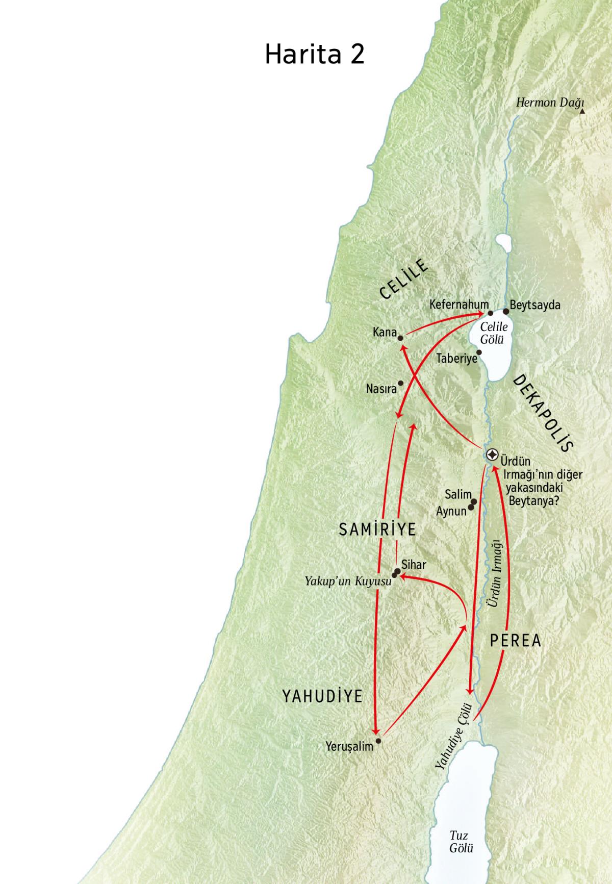 Ürdün Irmağı ve Yahudiye’yi de gösteren İsa’nın dönemindeki yerlerin haritası