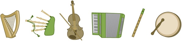 1. Celtic harp; 2. bagpipes ya le Ireland; 3. fiddle; 4. accordion; 5. tin whistle; 6. bodhran (drum)
