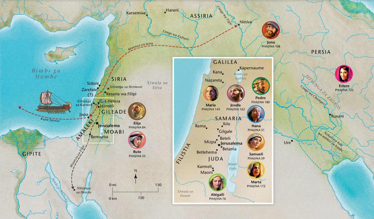 Mapa wa matiko ku wulawuliwako hi wona lomu ka Biblia na ma yelana ni wutomi ga Hana, Samueli, Abigaili, Elija, Maria na Josefa, Jesu, Marta, na Pedro
