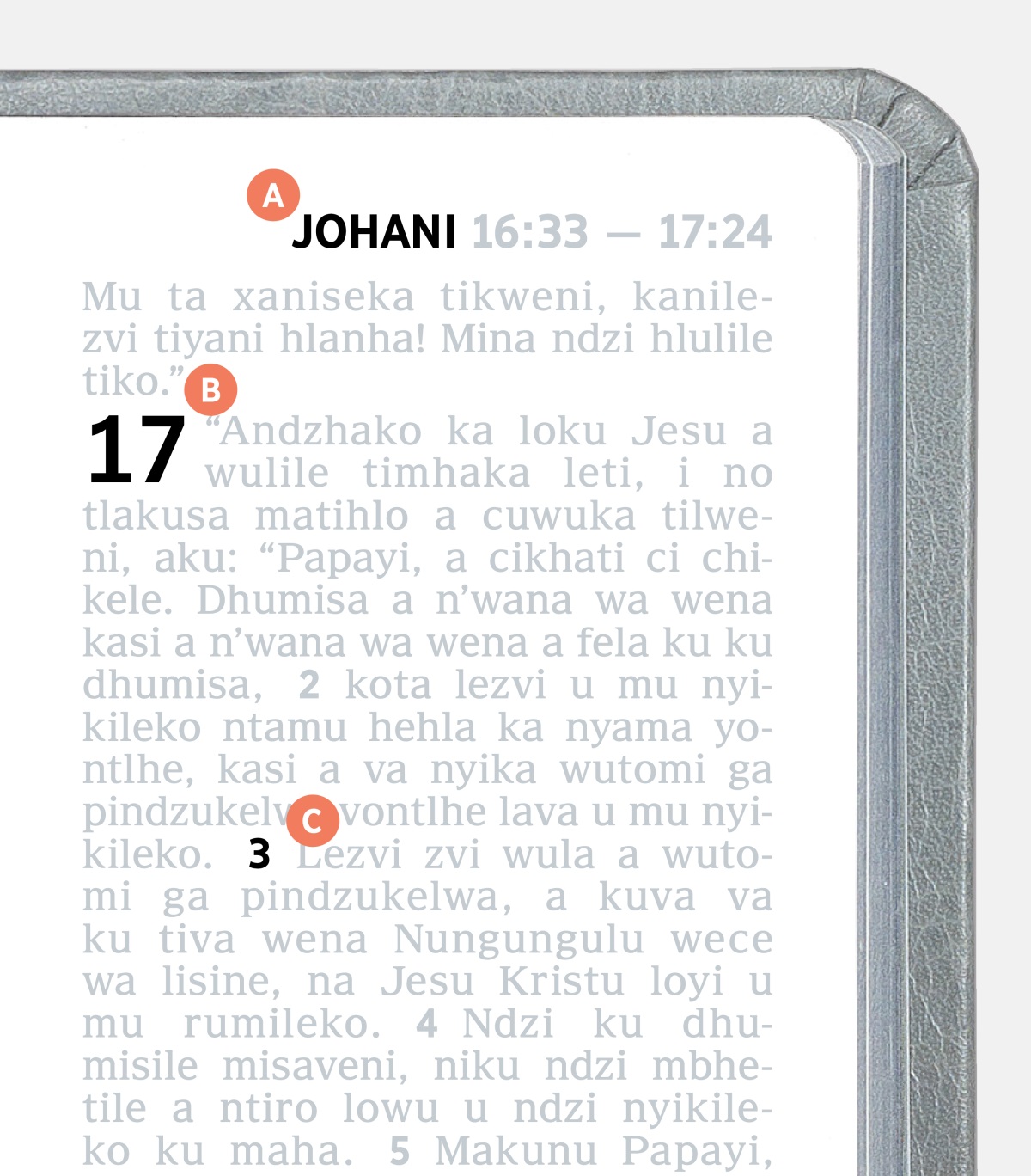 Mindzhati yi kombako lezvi hi kumako laha ka A, B, ni C ka pajina ga Bhibhiliya.