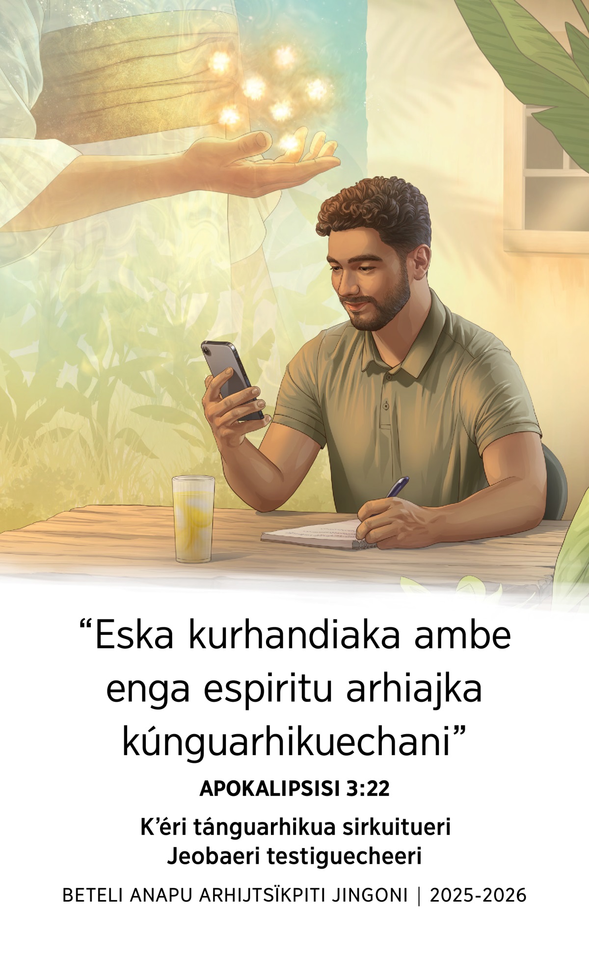 Imajeniicha: 1. Jesúsi jájkirhu kámaxati siete jóskuechani. 2. Erachi ma imeo uaxakatixati mesarhu ma enga jardinirhu jaka; jorhenguarhixati selulari ma jingoni ka libreta ma jingoni.